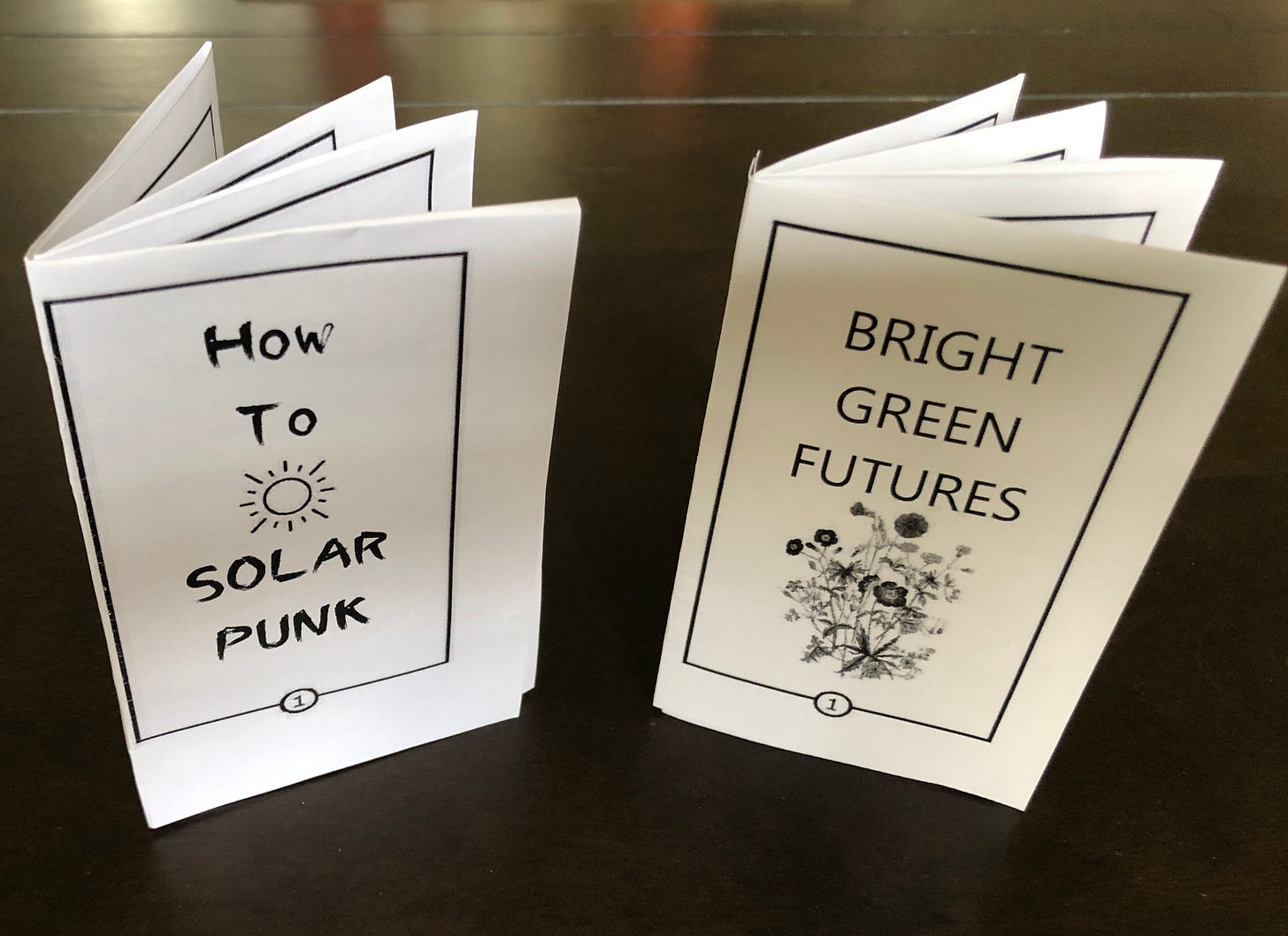 2 zines: How to Solarpunk and Bright Green Futures standing up on a table 2 zines: How to Solarpunk and Bright Green Futures standing up on a table