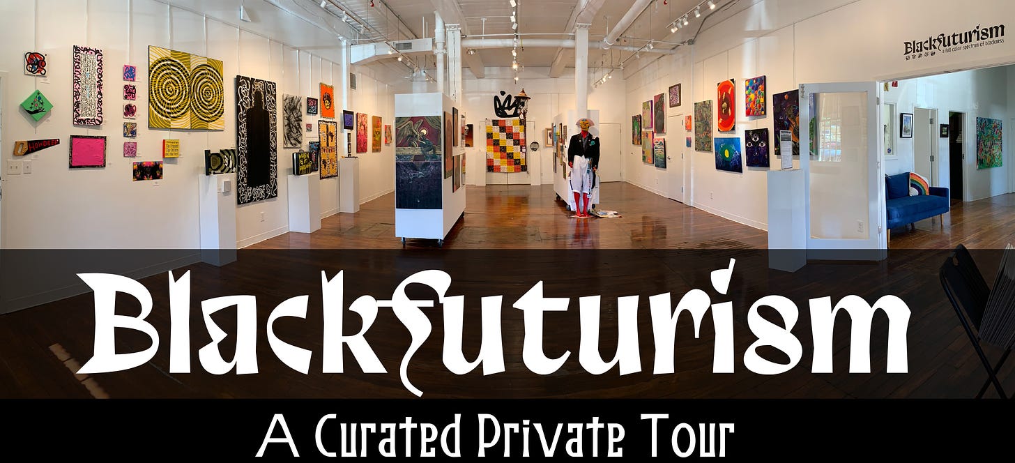 Panoramic image of Eno Arts Mill's Gallery with the text "Blackfuturism: A Curate Private Tour" overlaid.