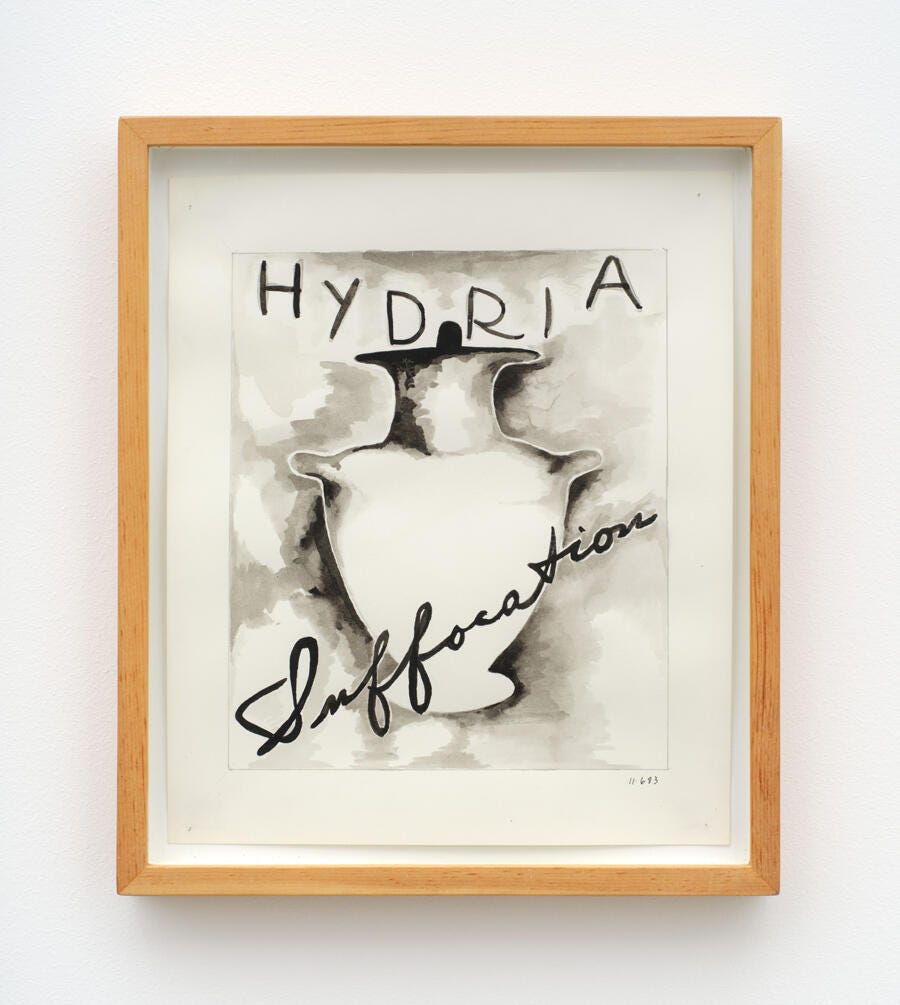 An ink drawing of an amphora with the words "HYDRIA" and "SUFFOCATION" written across