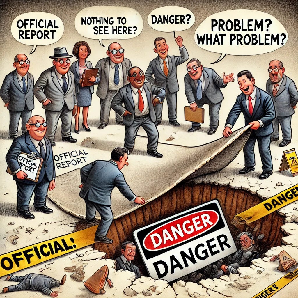 A political cartoon depicting a group of well-dressed officials in suits covering a large, dangerous hole in the ground with a thin rug. A big warning sign reading 'DANGER' is still sticking out of the hole. One official holds a clipboard labeled 'Official Report: Nothing to See Here,' while another reassures a worried bystander with the words, 'Problem? What problem?' The scene is exaggerated and satirical, emphasizing the absurdity of the cover-up.