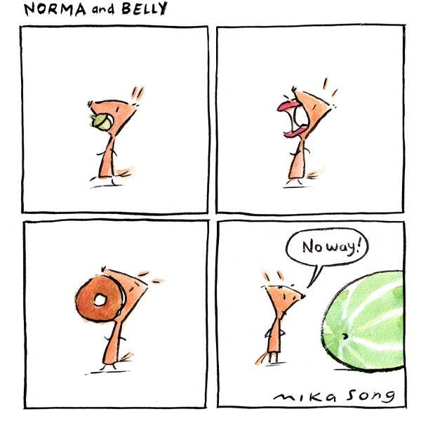 The panels show Norma the squirrel eating an acorn in one bite, and apple in one bite, and a donut in one bite. The last panel shows Norma looking at a watermelon and saying, "no way!"