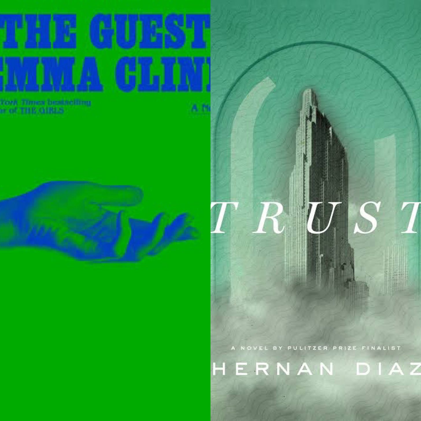 Two partial images of the book covers of The Guest and Trust side by side. The Guest cover is lime green with a blue picture of a hand being held out, and blue text of the title and author name. The Trust cover is tealish green, and features a picture of a skyscraper in a snow globe, with the word Trust in white text over the top, and smoke or fog obscuring the base of the skyscraper.