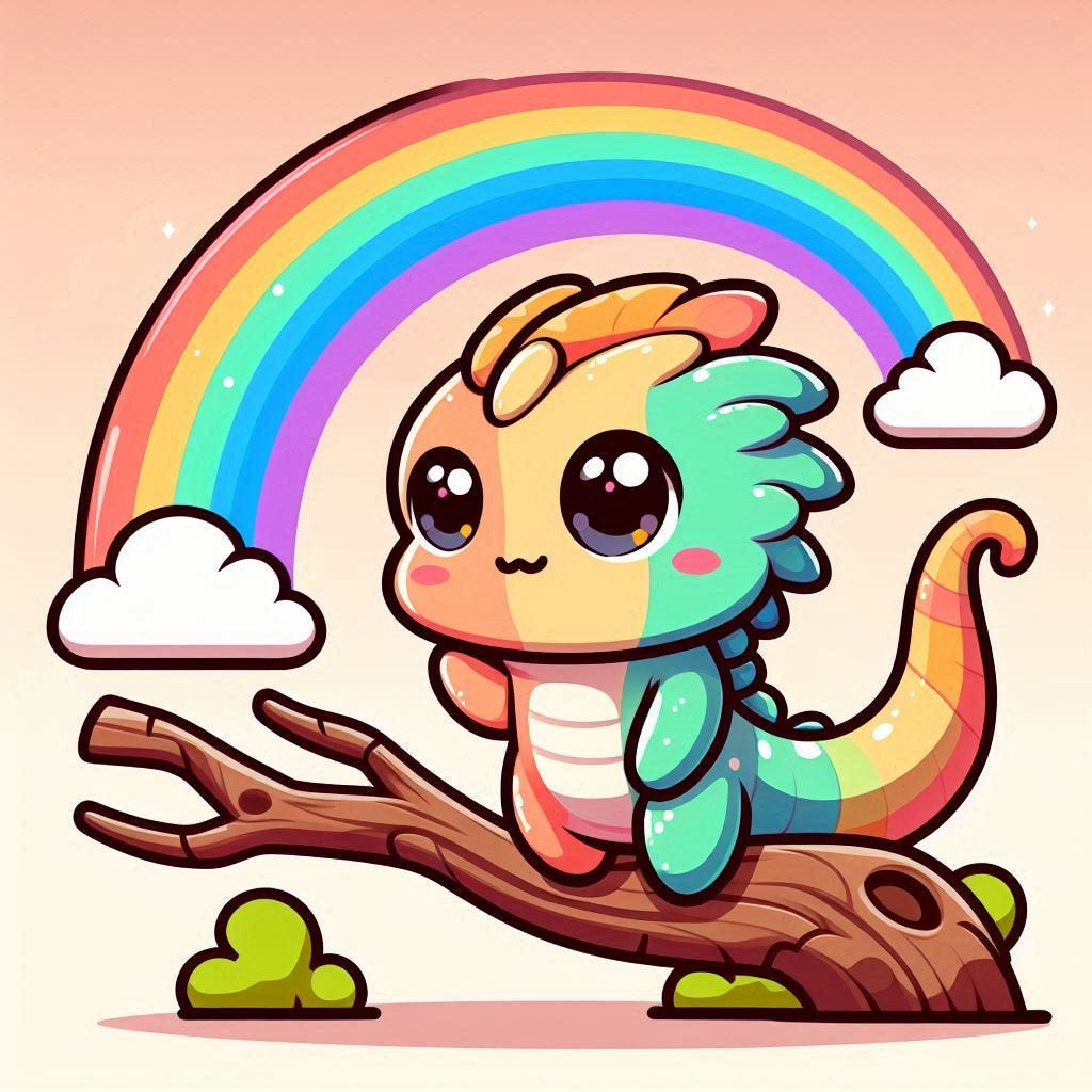 A cute cartoon lizard, sitting on a branch, trying to adjust its colours to a rainbow in the sky