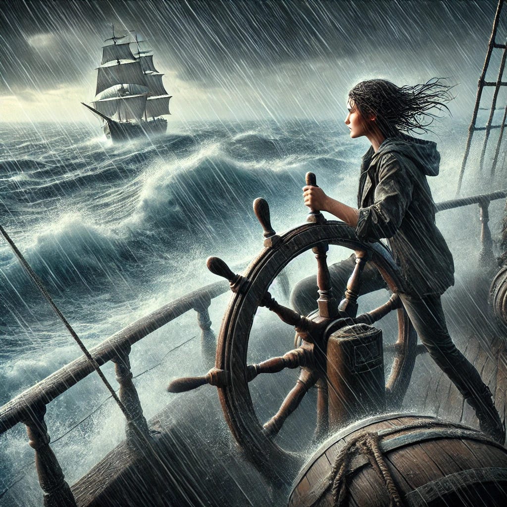 A photorealistic image of an adventurous female sailor at the helm of a ship, gripping the ship's wheel as she steers through a stormy ocean. The scene is intense, with large crashing waves, dark storm clouds overhead, and rain pouring down. Despite the rough conditions, the sailor maintains a calm and focused demeanor. Her wet hair is blowing in the wind, and her clothing, practical and suited for the harsh weather, is drenched but she stands strong, steering the ship through the storm. The overall mood is one of resilience and determination against nature’s fury.