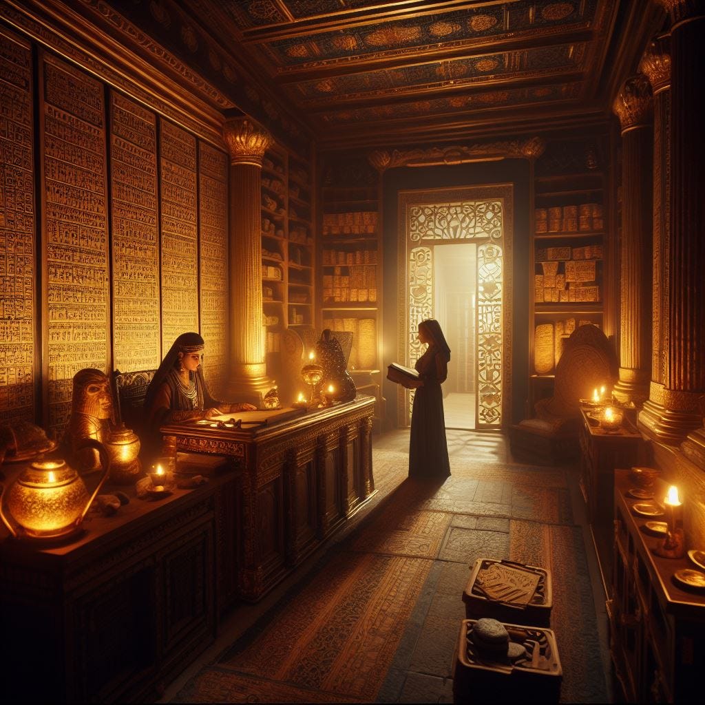 Inside the private chambers of Enheduanna, an opulent room adorned with gold and lapis lazuli accents. Enheduanna, the high priestess, sits at a desk illuminated by the warm glow of oil lamps, surrounded by clay tablets and ancient scrolls. Nisaba, a concerned scribe, stands at the entrance, her silhouette defined against the corridor's dim light, awaiting permission to approach.