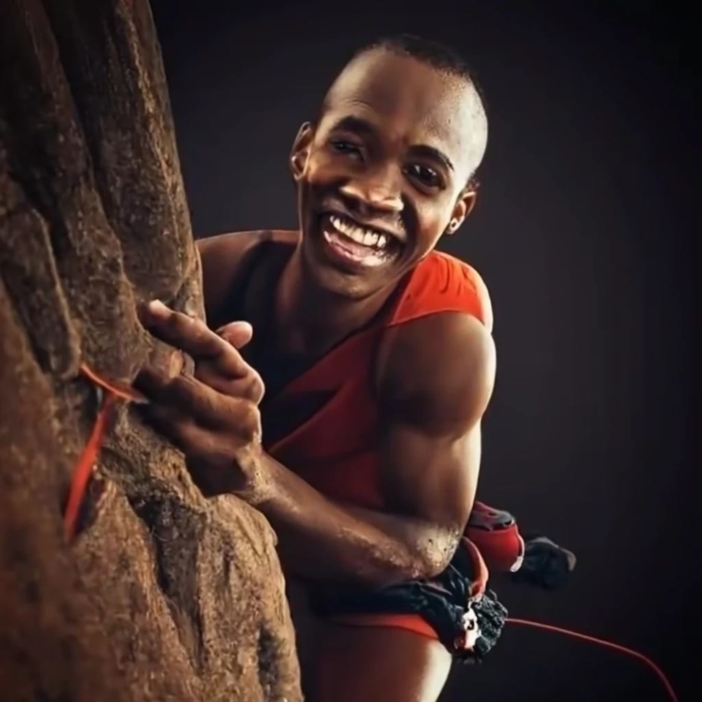 Black man smiling while rock climbing