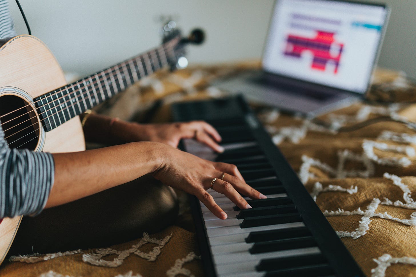 A person playing guitar and piano.