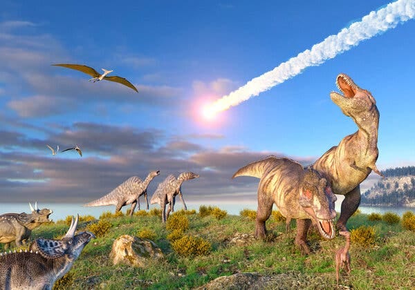 An artist’s rendering of the impact event 66 million years ago that ended the reign of dinosaurs.