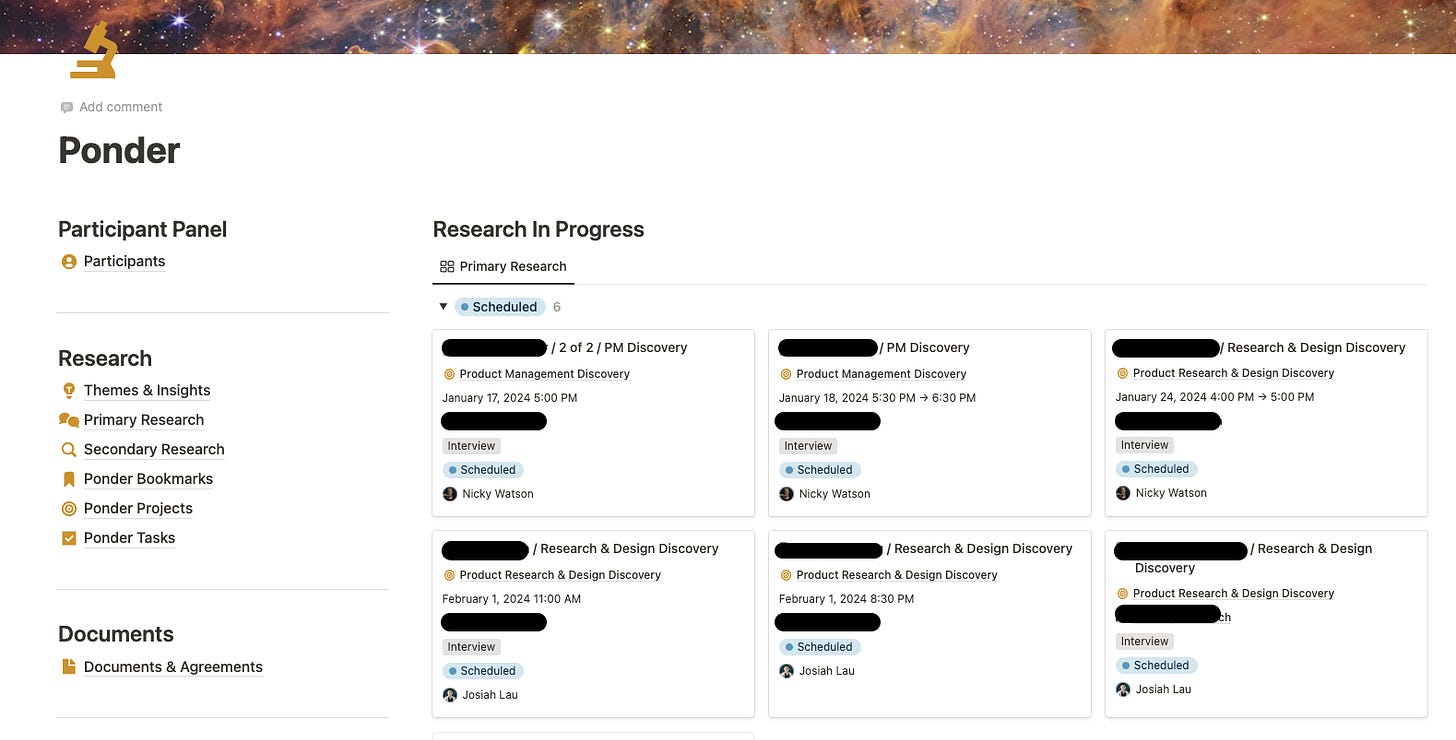 A screenshot of Ponder Research CRM prototype built in Notion