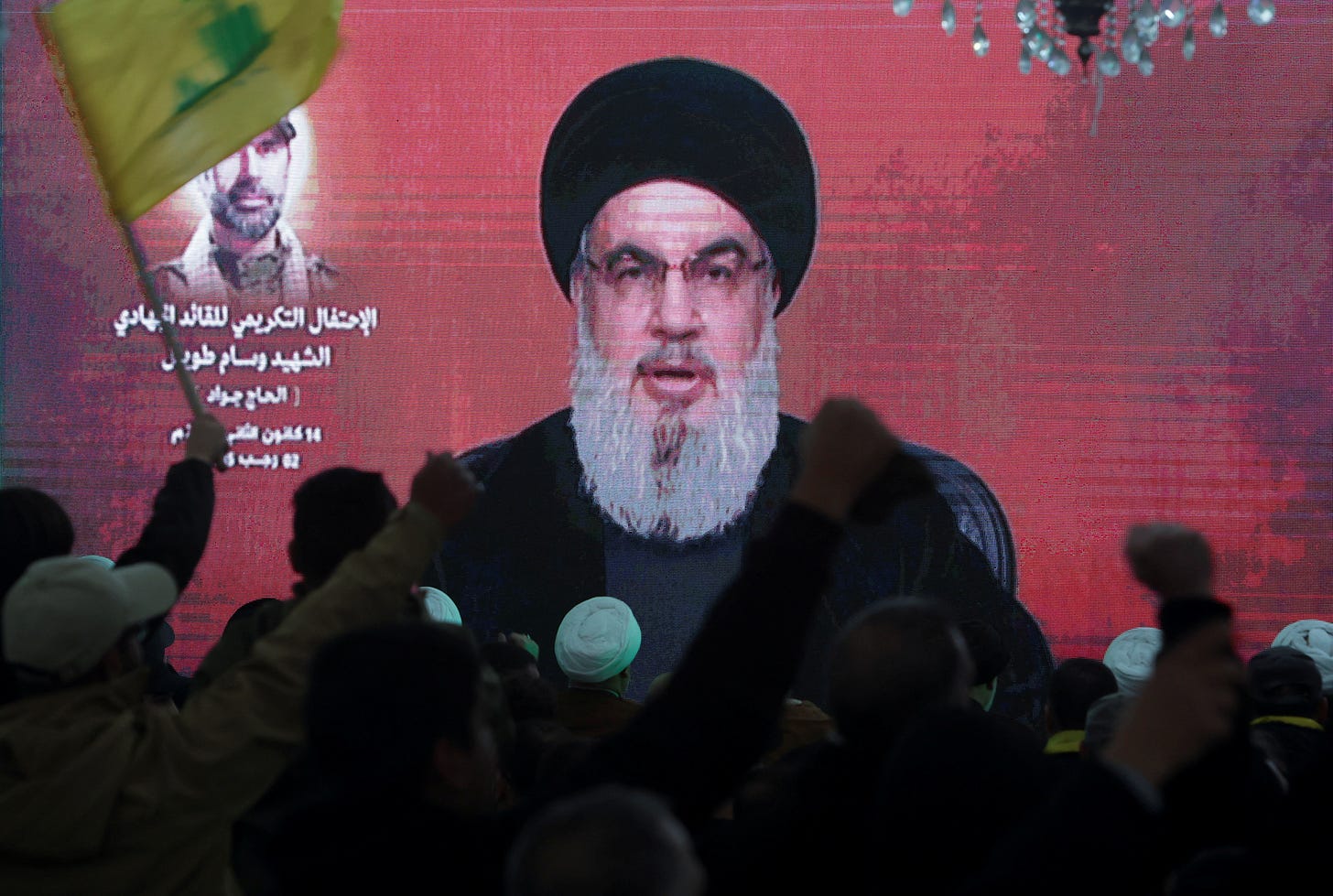 Lebanon's Hezbollah leader Sayyed Hassan Nasrallah gives a televised address at a memorial ceremony, in Khirbet Silem