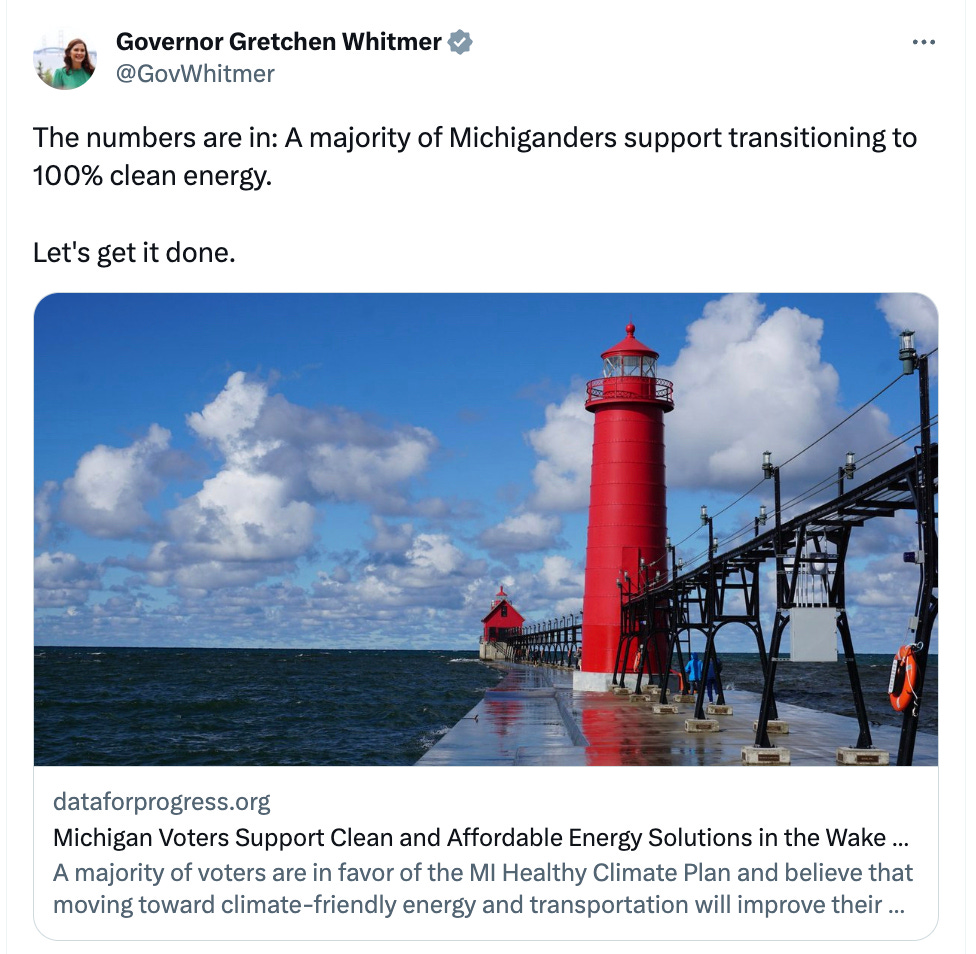 Tweet/X post from Gov. Gretchen Whitmer citing a Data for Progress report finding Michigan voters support clean and affordable energy.