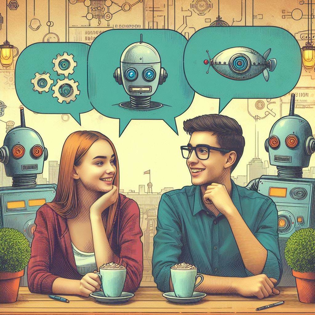 two college students, girl and boy, in a coffee shop with robot speech bubbles over their heads, 2050s Michigan, terrapunk drawing