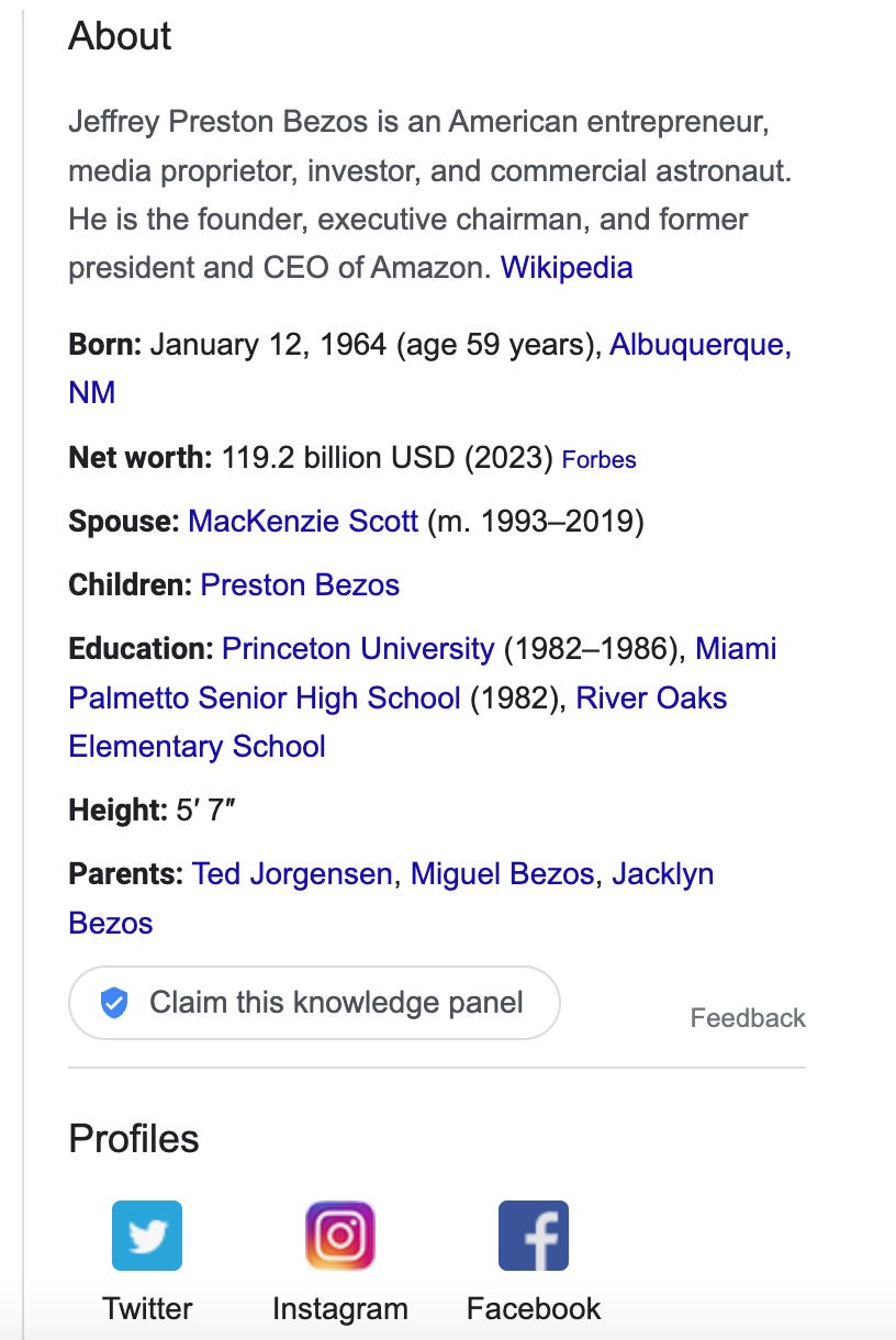 Screenshot of a segment of Google's Knowledge panel for the search query "bezos"
