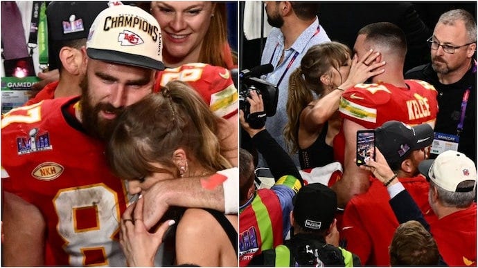 Watch: Taylor Swift, Travis Kelce celebrate Kansas City Chiefs win with a  kiss - India Today
