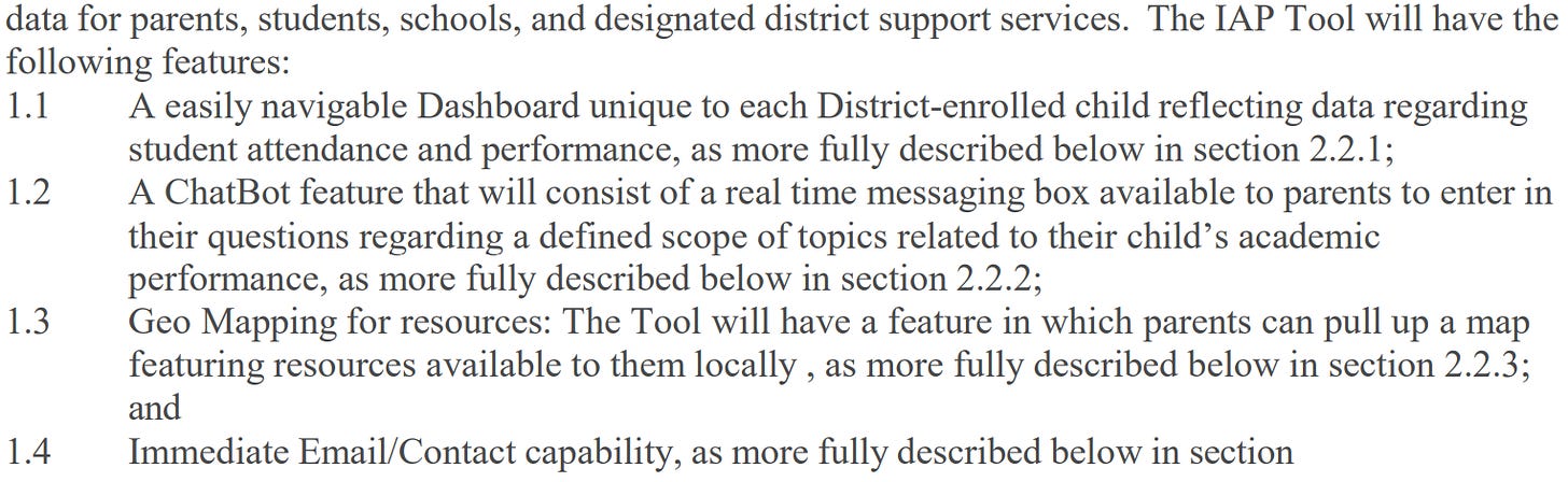 A page from the contract promising, among many many other things, an easily navigable Dashboard, a chatbot feature, geo mapping, immediate email / contact capability, etc.