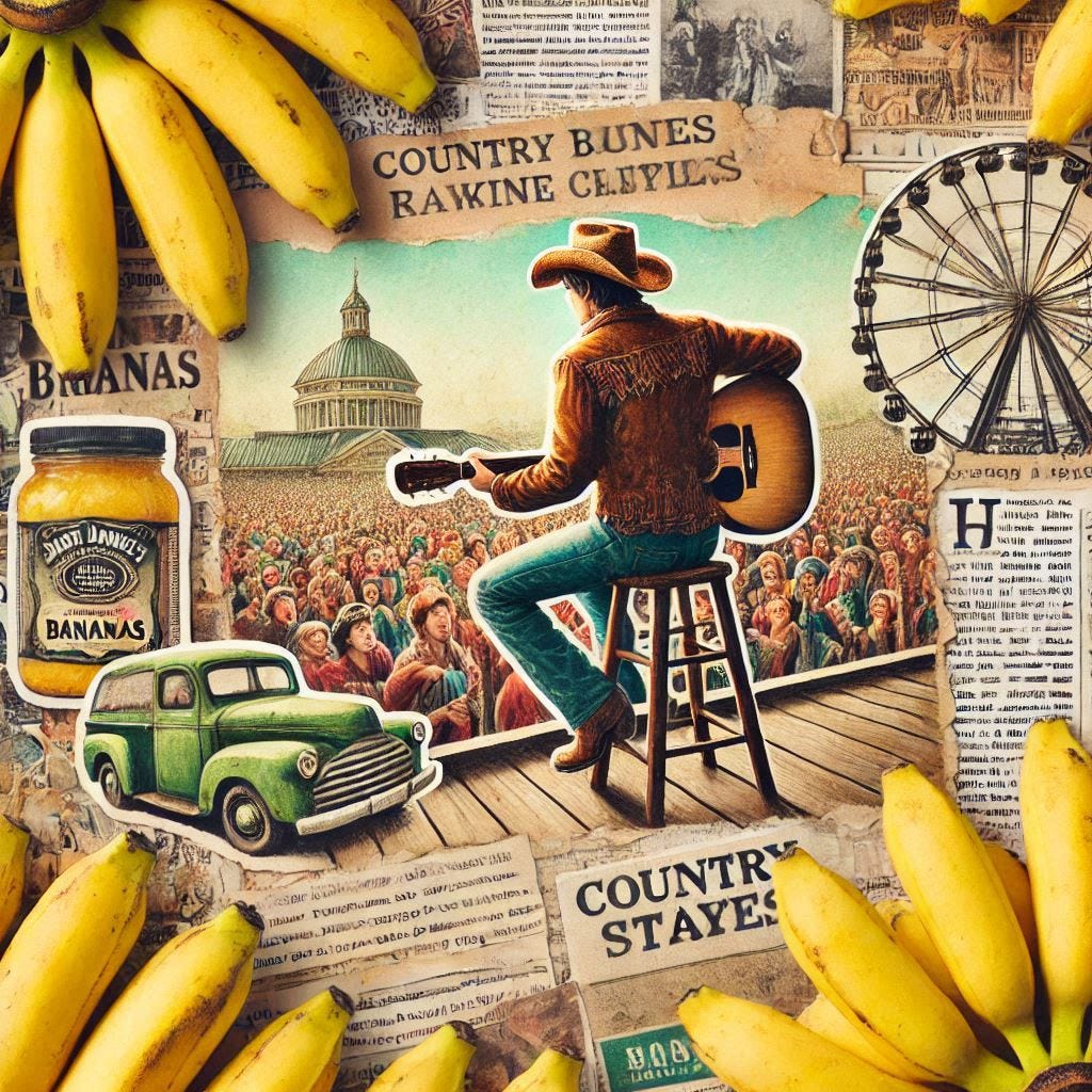 a scrapbook style collage featuring newspaper and magazine clipping and a country musician playing guitar looking out at a crowd and lots of bananas