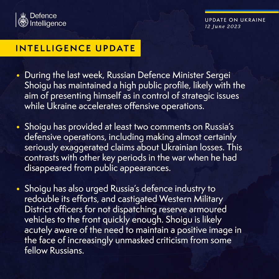 Latest Defence Intelligence update on the situation in Ukraine - 12 June 2023. Please read thread below for full image text.