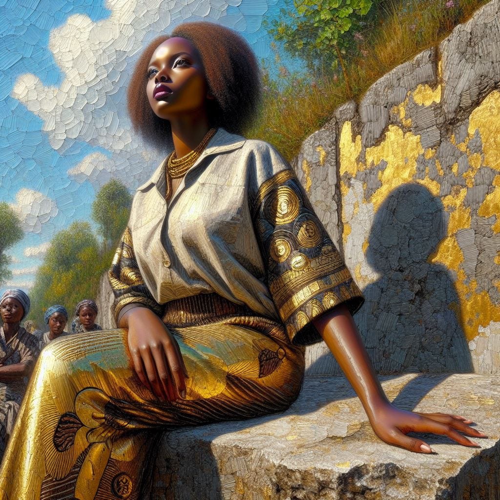 hyper realistic close up of buitre, mriposa, and mono pattern on Burundi African womans clothes. she wears a shirt / pants in black, cream and gold she sits on a rock under a sunny sky on a sunny day. Père Lachaise Cemetery (Paris, France) she can see from here is painted in thick, textural layers of oil paint and the wall nearby is made of craggly rock with green moss an gold leaf. It is also painted in chunky, thick oil paint. Luminescent painting