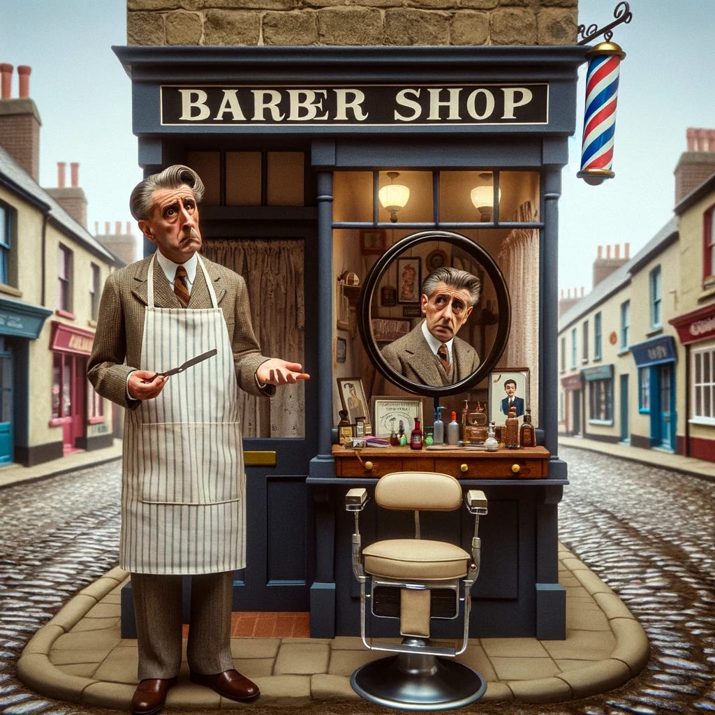 A quaint small town street with a traditional barbershop. The barbershop has a classic striped pole and an old-fashioned sign. In front of the shop stands a perplexed barber, holding a razor and a mirror, looking confused. The barber is a middle-aged man with a neat haircut, wearing a classic barber's apron. The street is quiet, with a few other small shops and cobblestone pavement, capturing the essence of a small, timeless town. The scene should reflect the paradoxical nature of the barber's dilemma, with an air of whimsy and thoughtfulness.