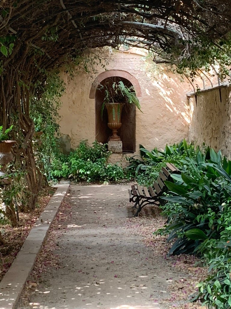 a pathway, shaded by an arched tunnel of foliage, facing an urn set into a niche in the far wall