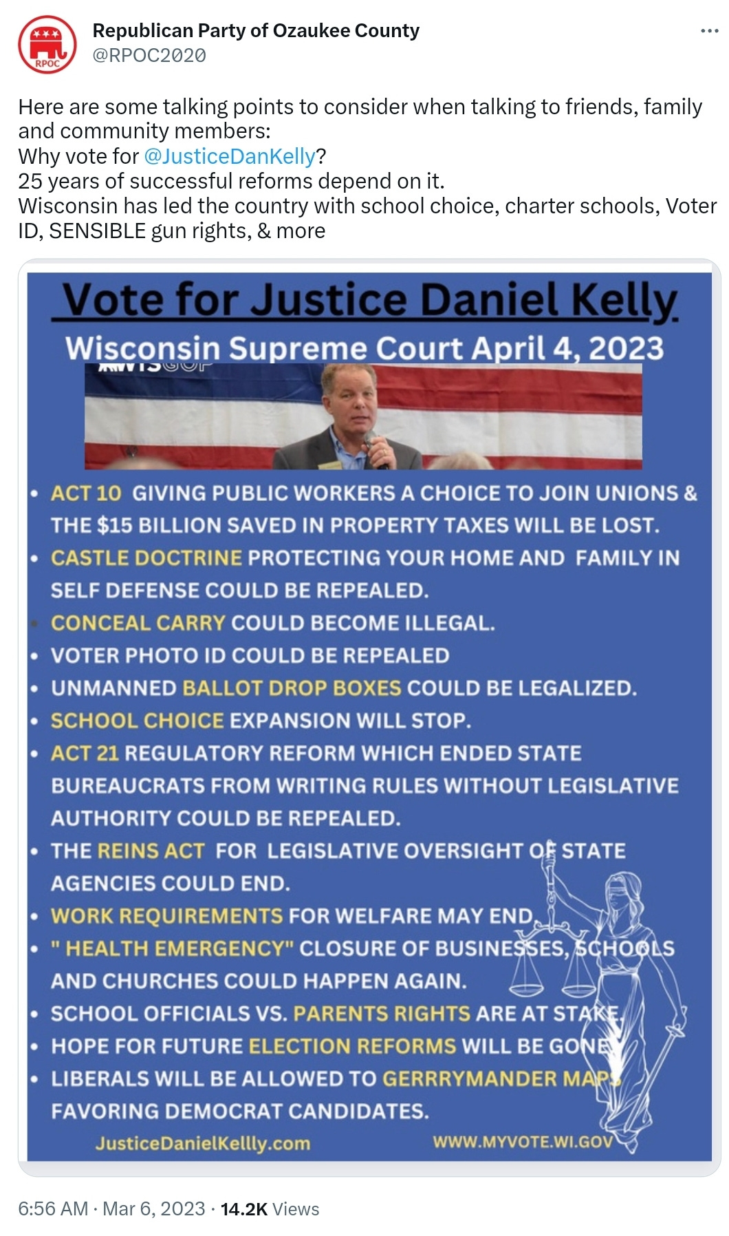 Here are some talking points to consider when talking to friends, family and community members:  Why vote for  @JusticeDanKelly ?  25 years of successful reforms depend on it. Wisconsin has led the country with school choice, charter schools, Voter ID, SENSIBLE gun rights, & more