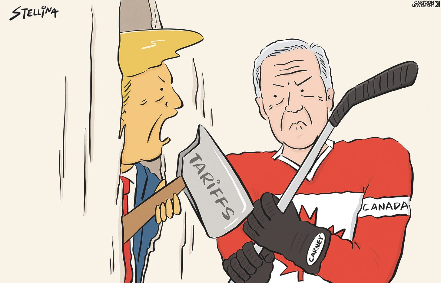 Cartoon showing a famous scene from the movie  The Shining, where Jack Nicholson breaks down the door with an axe. In the cartoon, Nicholson is replaced by Trump, and the axe is marked 'tariffs'. On the other side of the door, the new PM of Canda waits in full ice hockey gear, holding his hockey stick and ready to strike back.