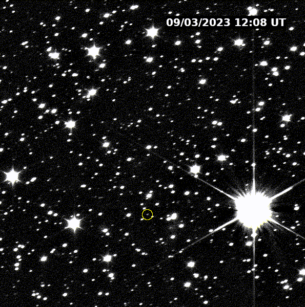 Animated GIF showing thousands of stars in a black background, with the tiny dot of Dinkinesh circled and moving back and forth.