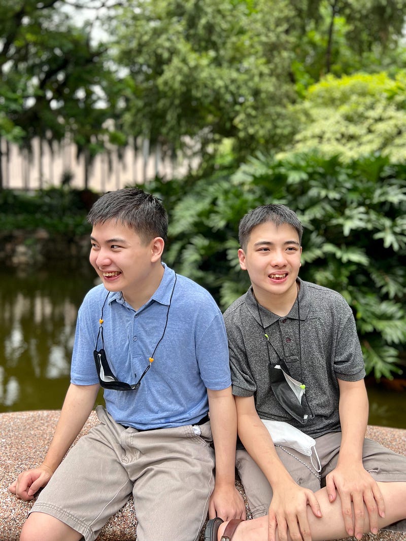 Twin boys smiling