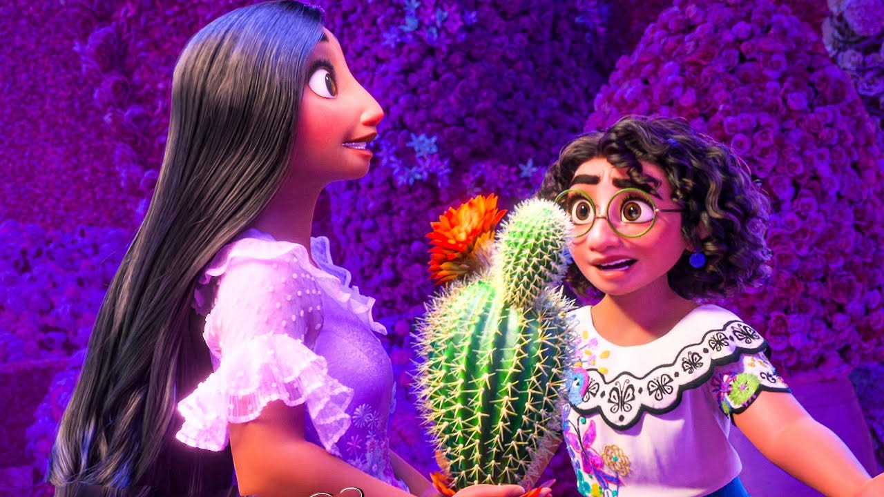 From Encanto, in the song What Else Can I Do, Mirabel watches as Isabela holds a cactus that she just grew using her magic powers.