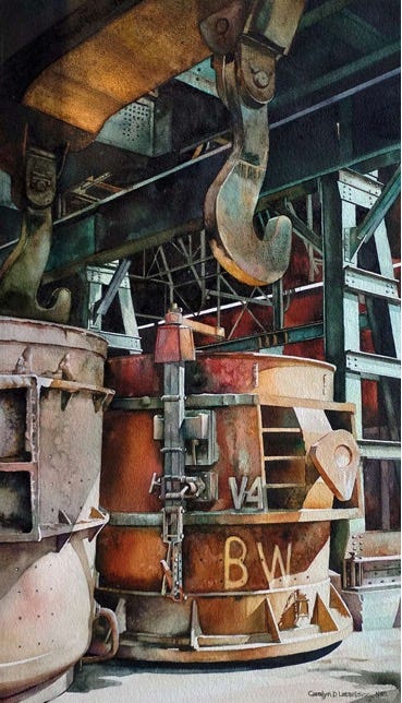 A painting of a crane and metal containers

Description automatically generated