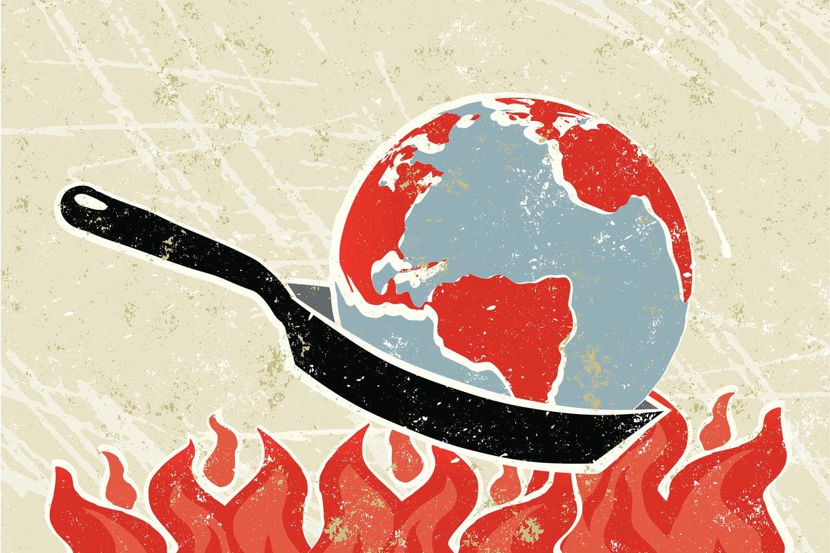 A drawing of a globe in a frying pan held over flames.