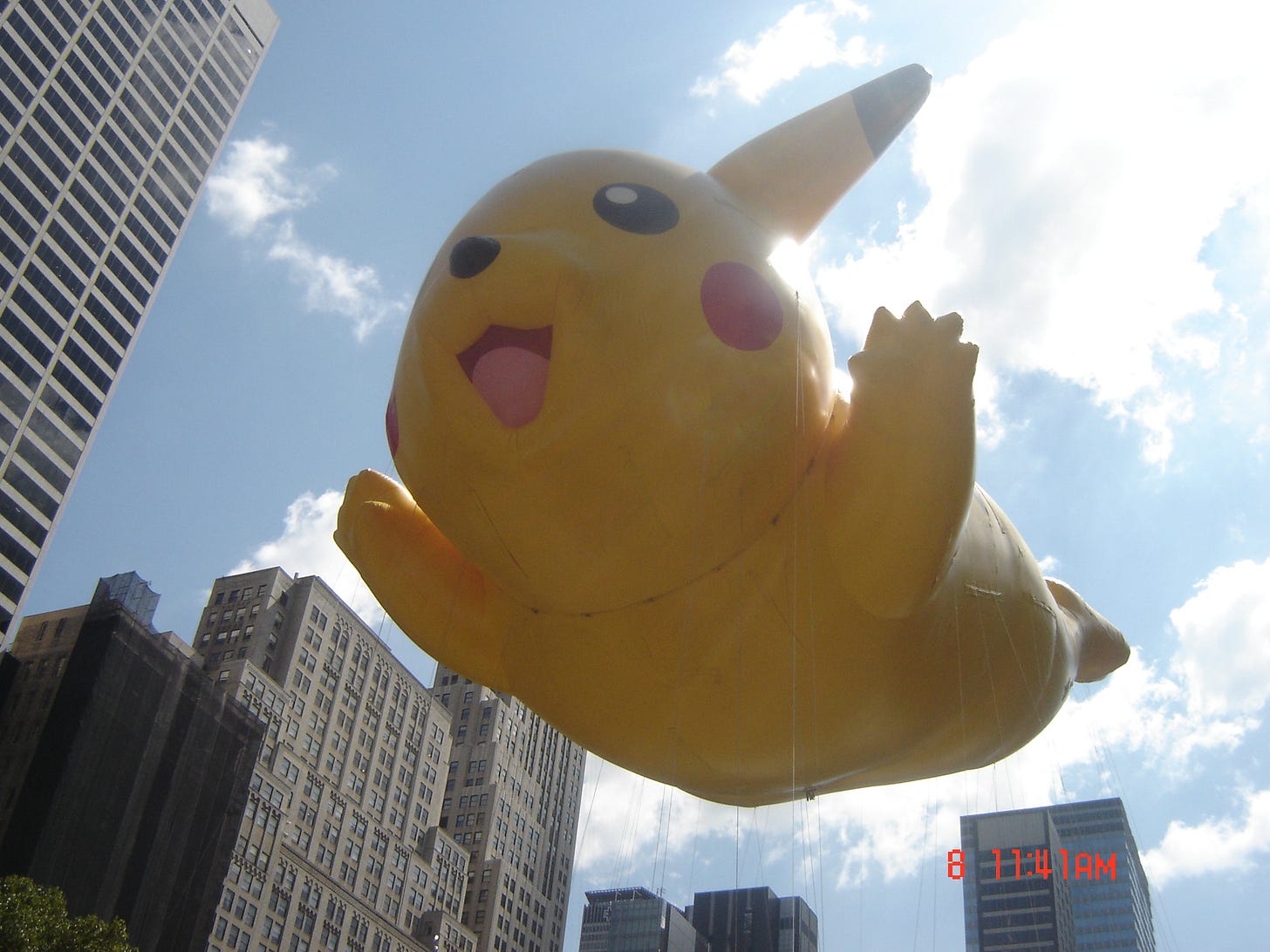 The original Pikachu balloon, created for the Macy's Thanksgiving Day Parade between 2001–2005, was present at Party of the Decade The original Pikachu balloon, created for the Macy's Thanksgiving Day Parade between 2001–2005, was present at Party of the Decade