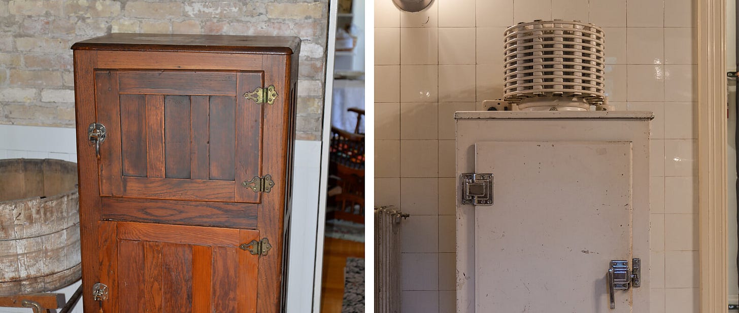 A non-mechanical ice box (left) and an early electric refrigerator (right)