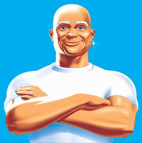 A gif of Mr. Clean as a top hat, mustache, blue bow tie, and magic wand slowly add on