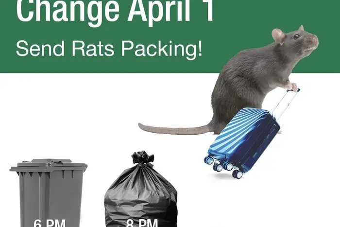 A flyer from the New York City sanitation department that says "Send Rats Packing" accompanied by a photo of a rat with a suitcase.