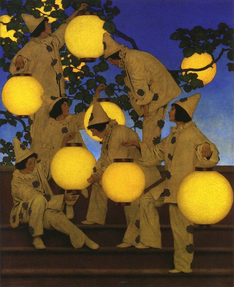 A painting of six people holding lanterns with a warm glow on a staircase, with a blue sky in the background