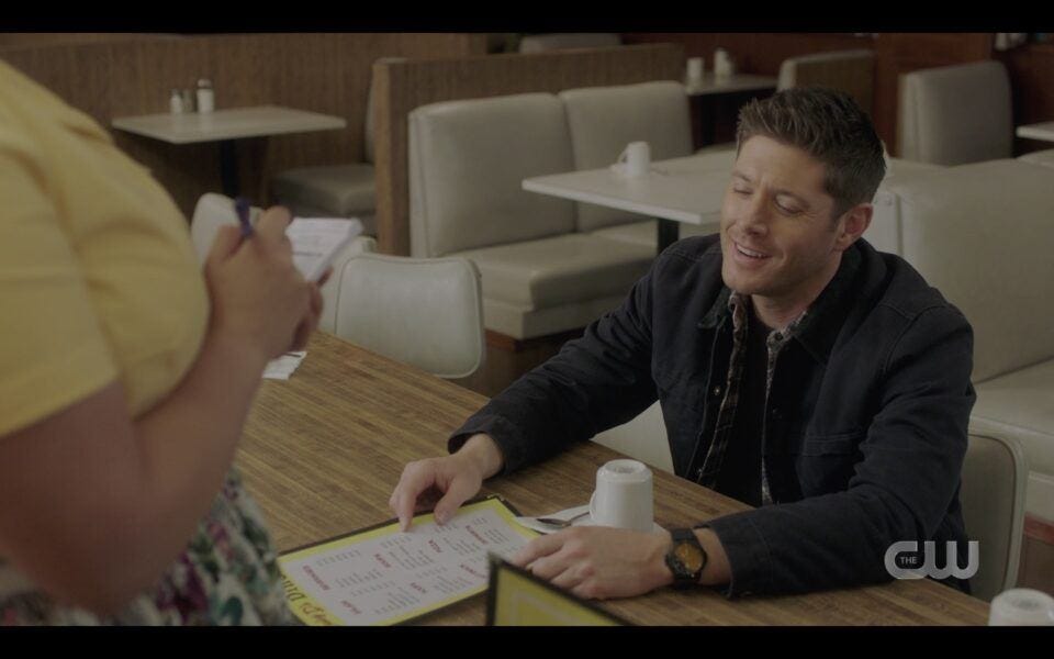 Dean Winchester ordering veggie burger meal at diner SPN 1516