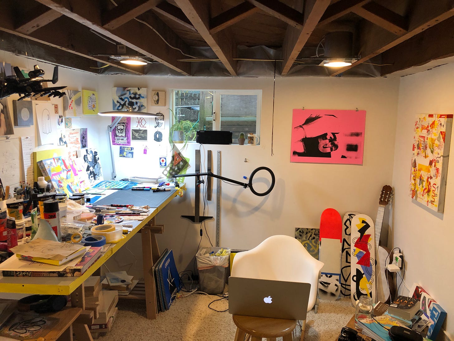 Office view looking at studio side with art table