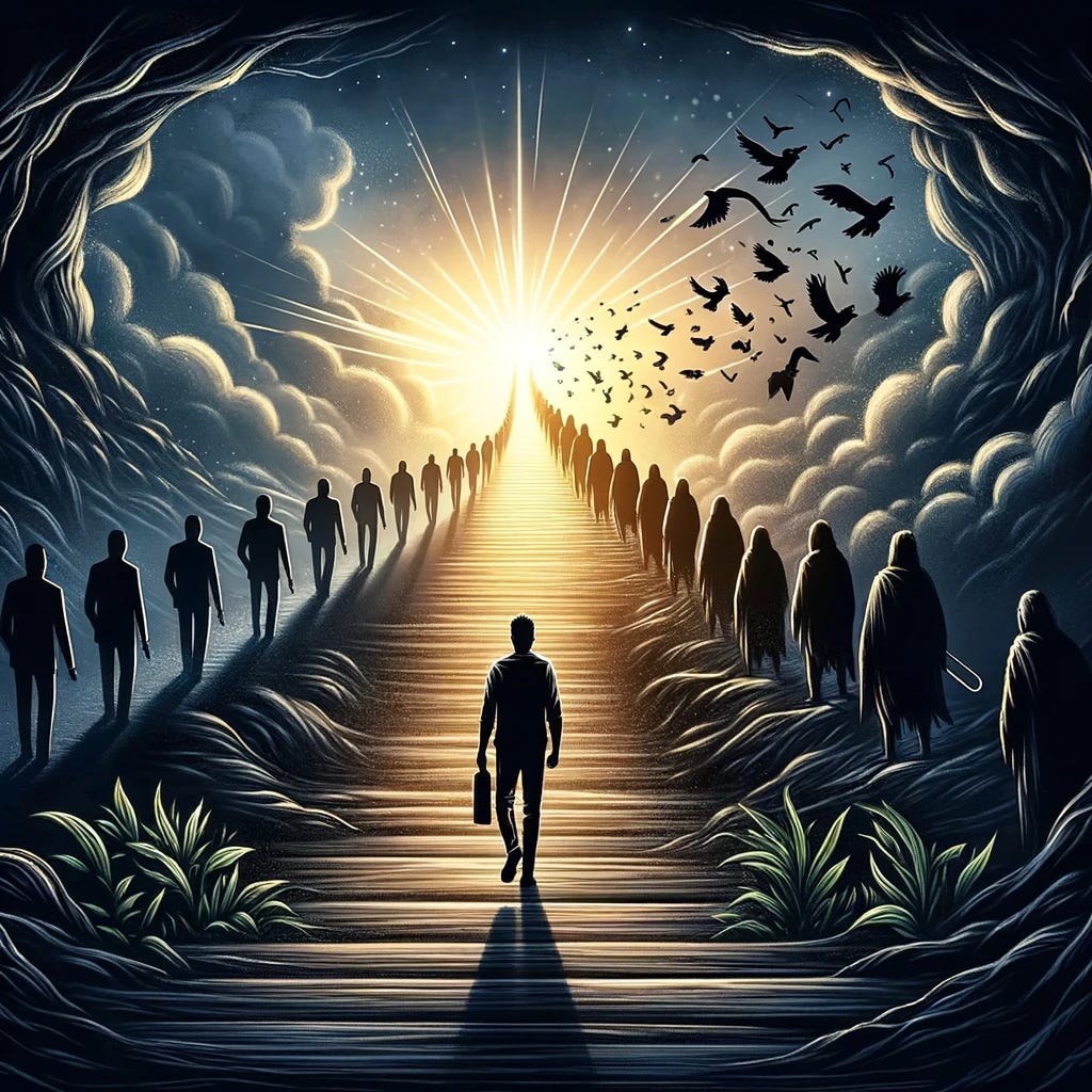 An inspiring illustration depicting the journey of moving forward with determination. The image showcases a person walking on a path that leads away from a series of dark, shadowy figures representing past troubles or memories, towards a bright light at the end of the path, symbolizing hope, opportunity, and the future. The person's posture is one of resolve and purpose, illustrating the decision to not look back at the shadows but instead focus on the light ahead. This visual metaphor powerfully conveys the essence of the quote, emphasizing the challenge and importance of leaving the past behind to embrace the potential and promise of what lies ahead.