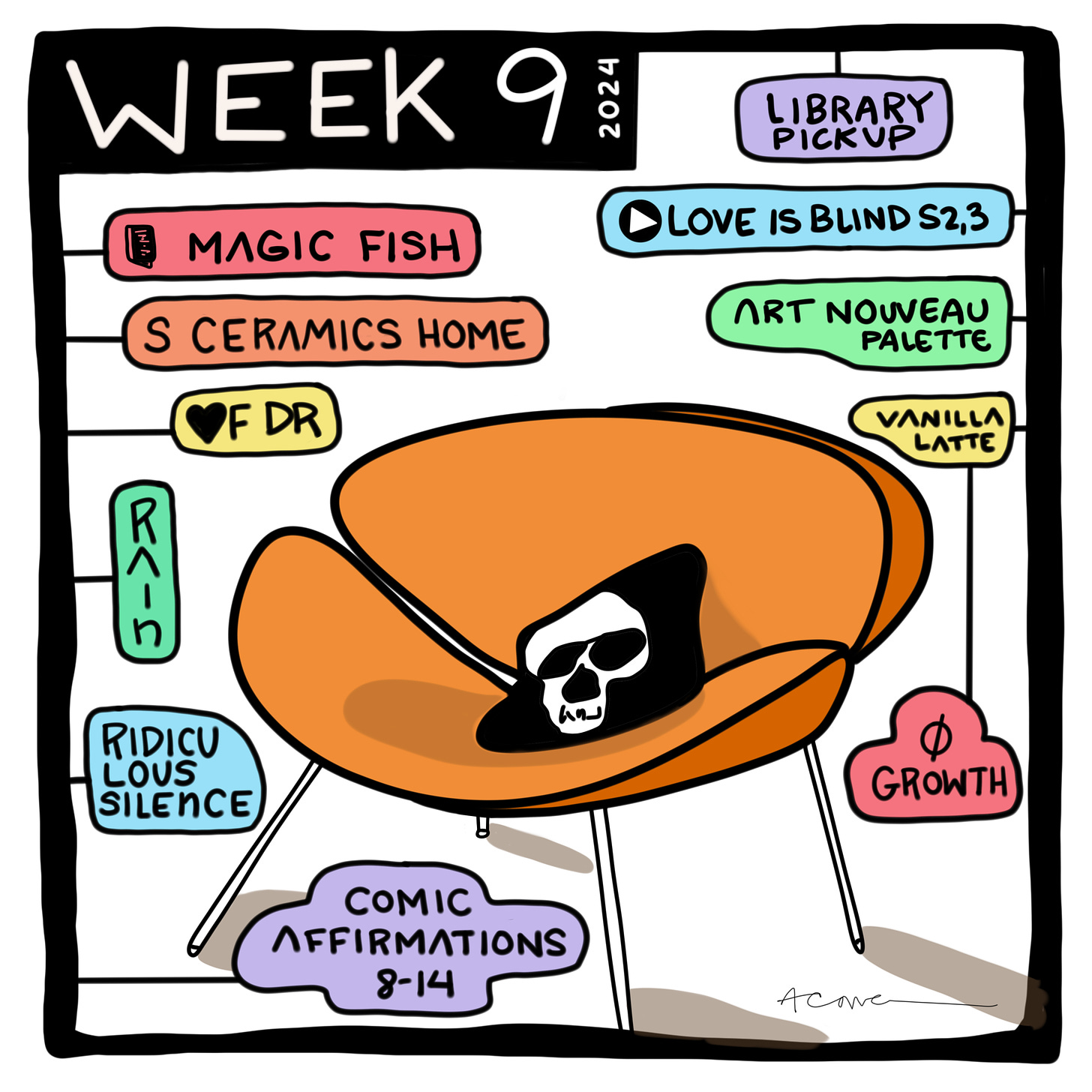 Week 9 list comic with orange chair and pirate pillow 