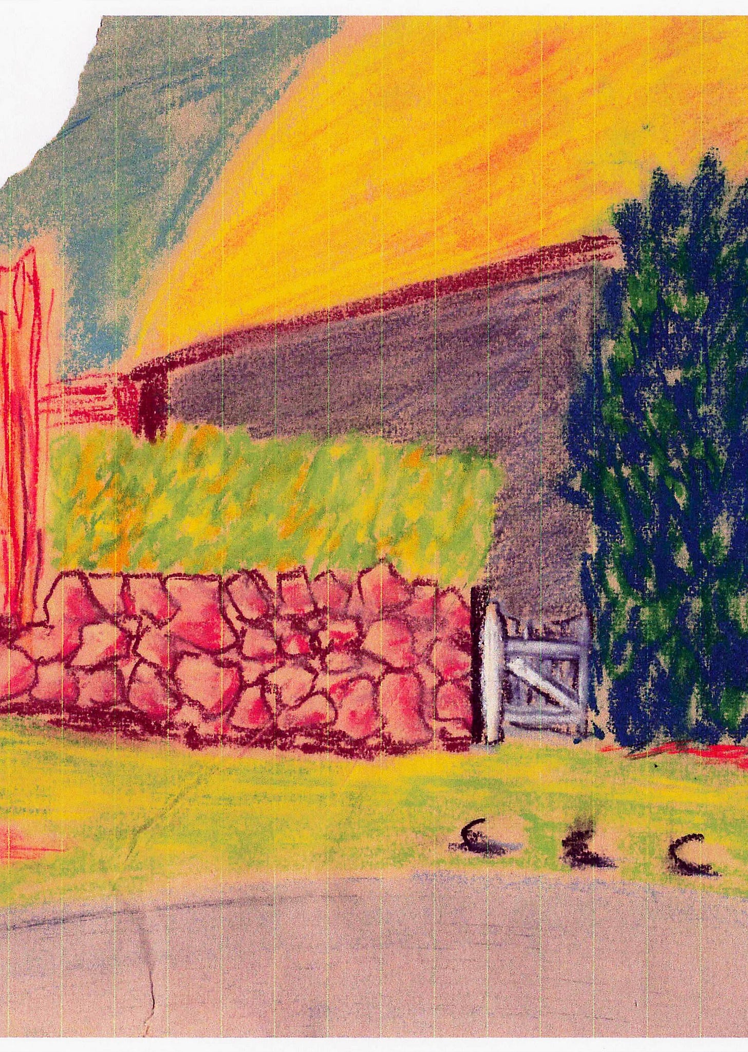 Cottage and wall in Devon, UK, by Terry Freedman. Coloured pastels on paper.