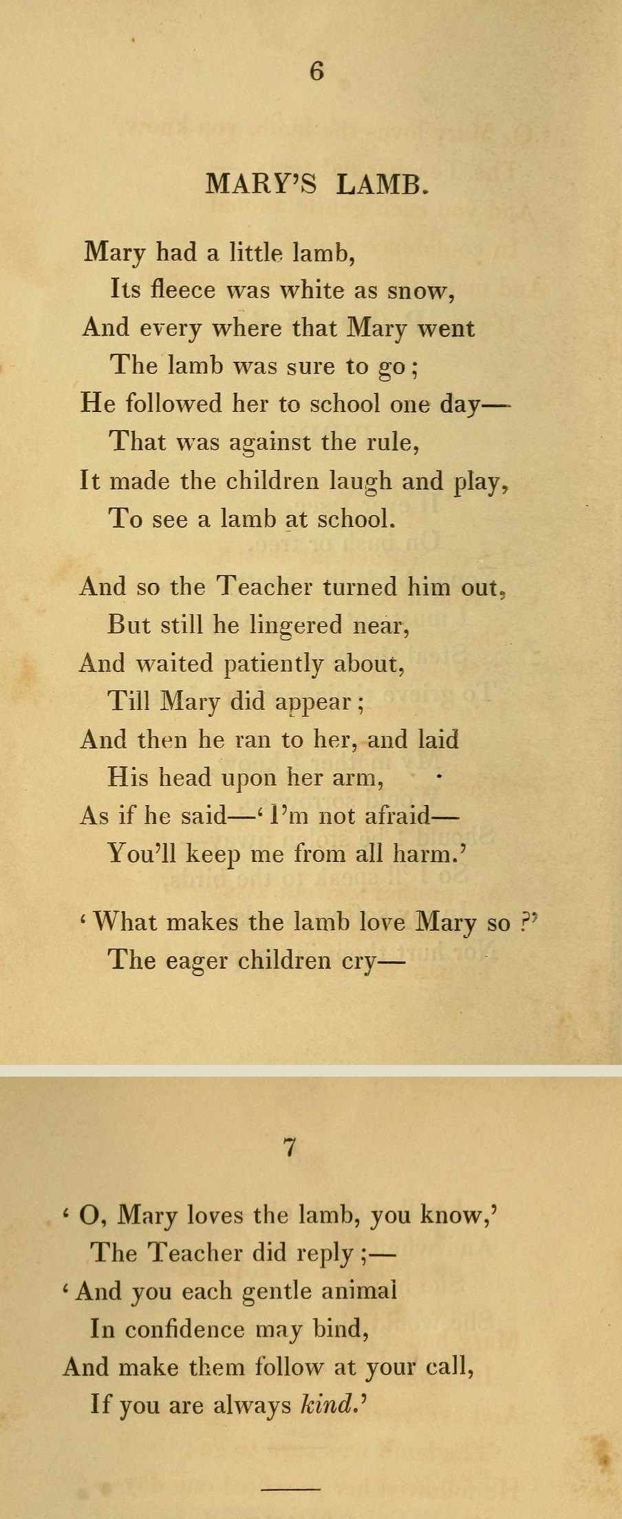SARAH JOSEPHA HALE (1788–1879), “Mary's Lamb,” Poems for our Children,  Designed for Families, Sabbath Schools, and Infant Schools, Written to  Inculcate Moral Truths and Virtuous Sentiments, Boston: Marsh, Capen &  Lyon, 1830 |