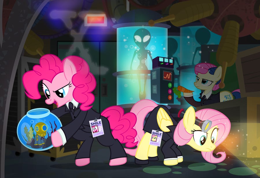 A parody crossover between My Little Pony and the X-Files, depicting Pinkie Pie as Fox Mulder, Fluttershy as Dana Scully, and Bon Bon as her alter ego, 'Agent Sweetie Drops' from the 'Slice of LIfe' episode of MLP. The three investigate a spooky laboratory. Bon Bon scans (with a carrot) a tank of bubbling fluid in which an alien floats, Pinkie holds a  fishbowl containing a figure (?) of a tiny pony in an old fashioned deep sea diver outfit, and Fluttershy, a flashlight tucked behind her ear, follows enormous paw prints that might belong to a bear ... or some eldritch horror?