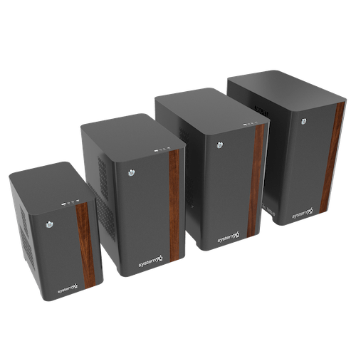 Family of Thelio desktops, including Thelio, Thelio Mira, Thelio Major, and Thelio Mega lined up showing off the walnut accent option and new top ports.