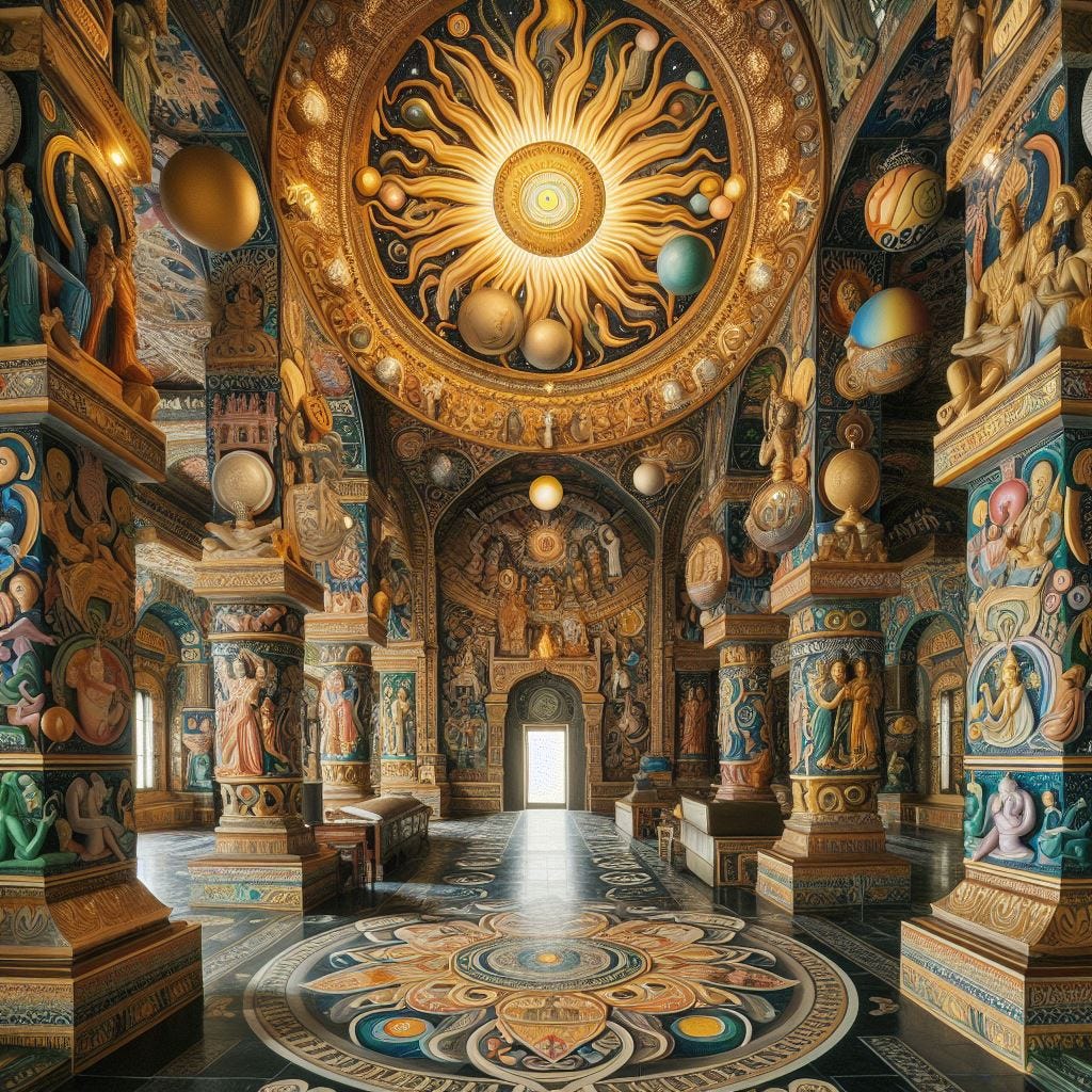 interior of a temple with solar themes and icons of the solar system