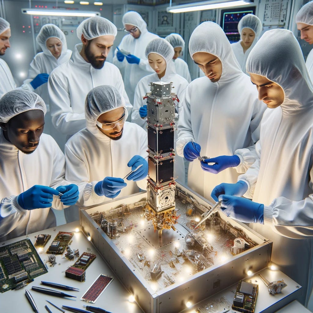 Engineers assembling a satellite in a clean room environment, representing applied science. The scene includes a diverse team of engineers, including Caucasian, African, and South Asian members, all in special cleanroom suits. They are focused on integrating sophisticated components into the satellite, with tools and parts clearly visible.