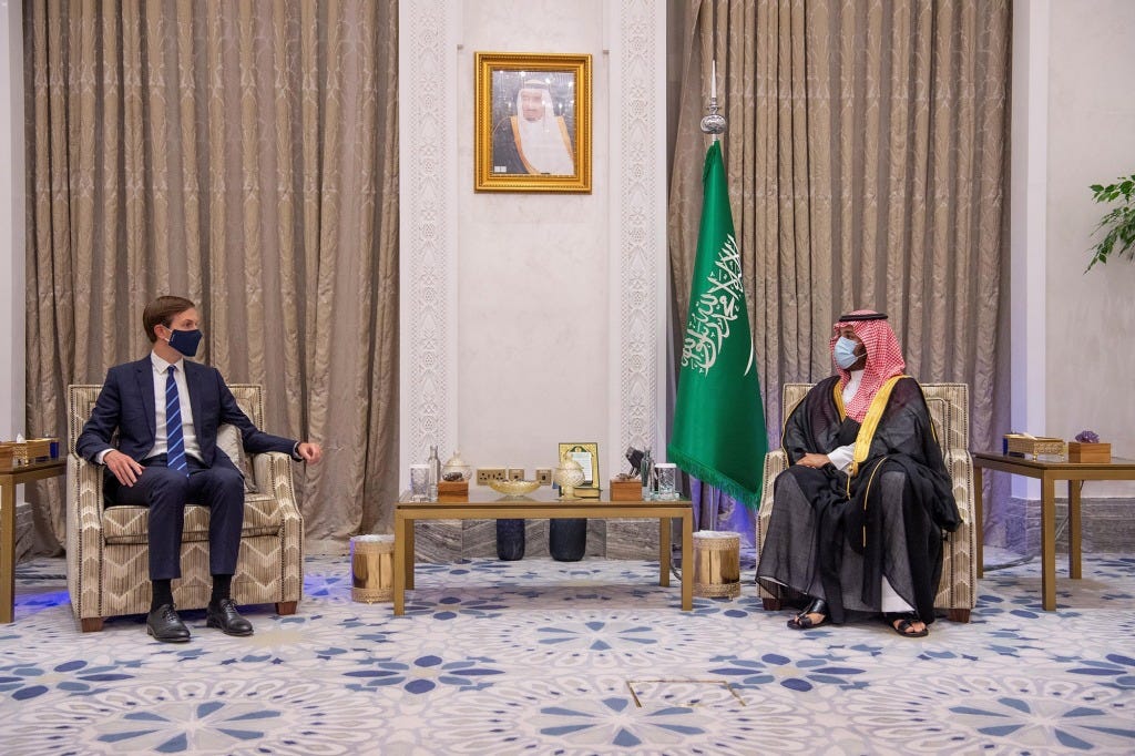 Jared Kushner (L) meets Saudi Crown Prince Mohammed Bin Salman (R) during his visit to Riyadh, Saudi Arabia, September 1, 2020