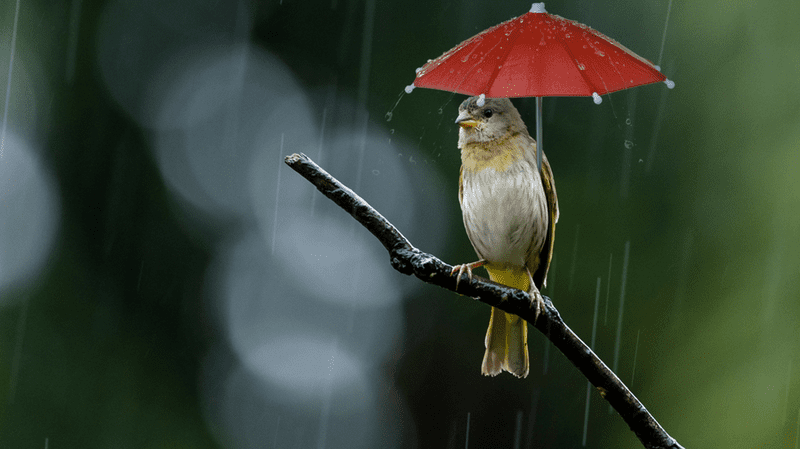 Bird with an umbrella in the rain
