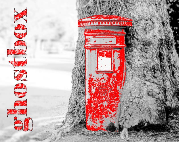 The cover of ghostbox. The picture is mostly in black and white except for the title, which goes down the left side of the picture, and the postbox in the center. The postbox is nestled into the base of a tree.