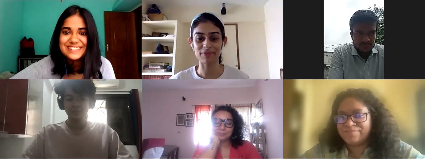 A screenshot of a video call featuring six people